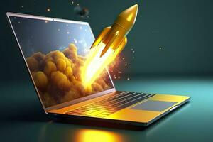 Launching a new product or service. Technology development process. Space rocket launch. 3d render. Yellow rocket lift up from the display laptop. AI Generative photo