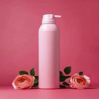 Amazon Product Picture Body Wash, Cylinder Bottle Solid Color pink background, with roses, AI Generative photo
