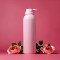 Amazonas producto imagen cuerpo lavar, cilindro botella sólido color rosado fondo, con rosas, ai generativo foto