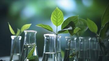 Biotechnology concept with green plant leaves, laboratory glassware, and conducting research, illustrating the powerful combination of nature and science in medical advancements.  AI Generative photo