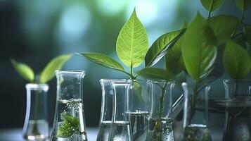 Biotechnology concept with green plant leaves, laboratory glassware, and conducting research, illustrating the powerful combination of nature and science in medical advancements.  AI Generative photo