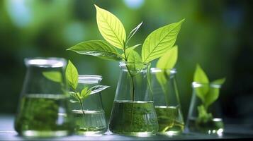 Biotechnology concept with green plant leaves, laboratory glassware, and conducting research, illustrating the powerful combination of nature and science in medical advancements.  AI Generative photo