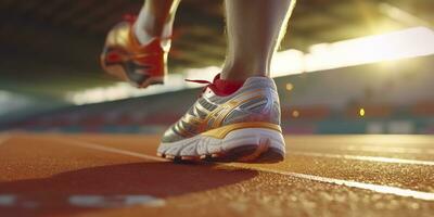 Runner feet running on a stadium, closeup on feet, sports background, space for copy, AI Generative photo