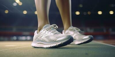 Runner feet running on a stadium, closeup on feet, sports background, space for copy, AI Generative photo