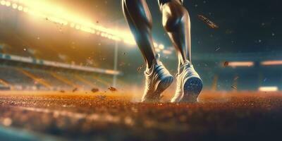 Runner feet running on a stadium, closeup on feet, sports background, space for copy, AI Generative photo