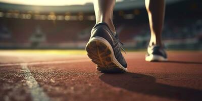 Runner feet running on a stadium, closeup on feet, sports background, space for copy, AI Generative photo