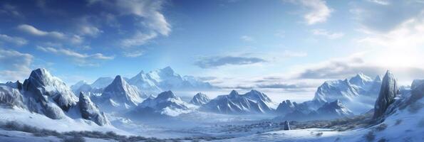 vast desolated snow land, big mountains in the background, snowfall with light blue sky and light blue colors, peaceful atmosphere,  AI Generative photo