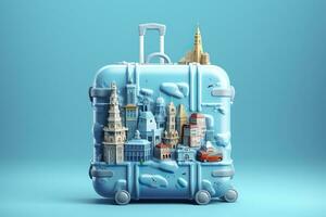 azul maleta lleno de puntos de referencia y viaje accesorios en azul antecedentes. generativo ai foto