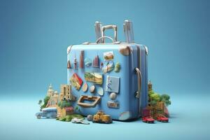 Blue suitcase full of landmarks and travel accessories on blue background. Generative AI photo