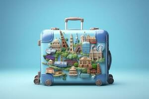 Blue suitcase full of landmarks and travel accessories on blue background. Generative AI photo