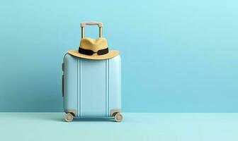 Blue suitcase with sunglasses on a pastel blue background. travel concept. Generative AI photo