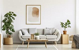 Boho open space interior in a cozy apartment with a design. Generative AI photo