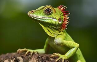 bronchocela cristatella, además conocido como el verde crestado lagarto. generativo ai foto