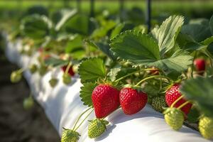 Bush of ripe organic strawberries in the garden. Berry closeup. Generative AI photo