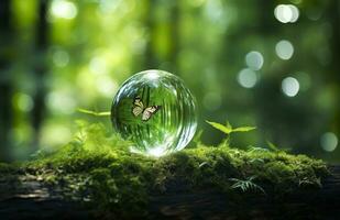 Butterfly and Crystal ball on a tree stump in the forest, natural green background. Generative AI photo