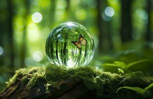 Butterfly and Crystal ball on a tree stump in the forest, natural green background. Generative AI photo