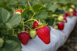 arbusto de maduro orgánico fresas en el jardín. baya de cerca. generativo ai foto