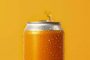 Can of fresh soda with water drops on orange background, closeup. Generative AI photo