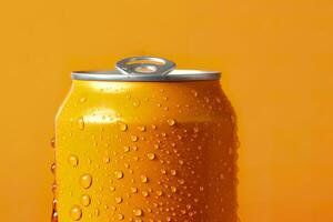 Can of fresh soda with water drops on orange background, closeup. Generative AI photo