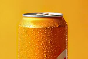 Can of fresh soda with water drops on orange background, closeup. Generative AI photo