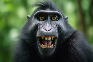 Celebes crested macaque with open mouth. Close up on the green natural background. Generative AI photo