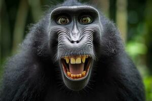 Celebes crested macaque with open mouth. Close up on the green natural background. Generative AI photo