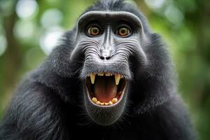 Celebes crested macaque with open mouth. Close up on the green natural background. Generative AI photo