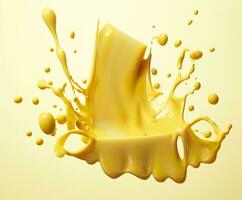 Cheese sauce splashing in the air with cheddar cheese, 3d rendering. Generative AI photo