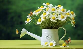 Chamomile flowers bouquet in watering can and butterfly on the table in the garden. Generative AI photo