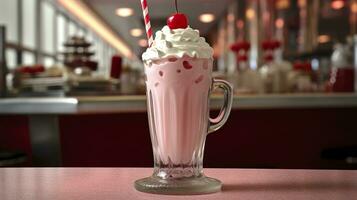 Cherry Milkshake in a Classic American Diner.  food photography concept. Generative AI photo