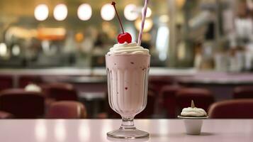 Cherry Milkshake in a Classic American Diner.  food photography concept. Generative AI photo