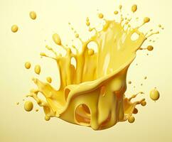 Cheese sauce splashing in the air with cheddar cheese, 3d rendering. Generative AI photo