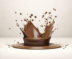 Chocolate splash with a podium, mockup background for milk product display, 3d. Generative AI photo
