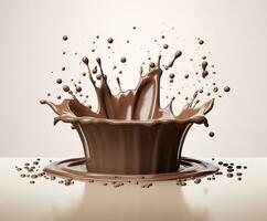 Chocolate splash with a podium, mockup background for milk product display, 3d. Generative AI photo