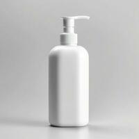 Cosmetic rounded all white soap bottle mockup on white table. AI Generative photo