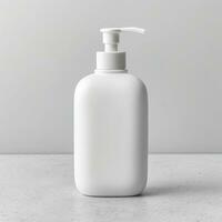 Cosmetic rounded all white soap bottle mockup on white table. AI Generative photo