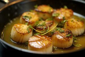 Closeup of pan seared diver scallops with lemon beurre blanc. Generative AI photo