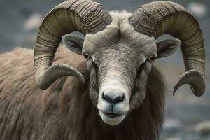 Close up of curious ram. Generative AI photo