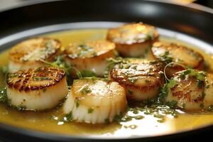 Closeup of pan seared diver scallops with lemon beurre blanc. Generative AI photo