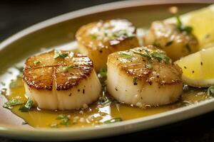 Closeup of pan seared diver scallops with lemon beurre blanc. Generative AI photo