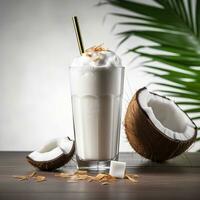 Coconut milk shake glass with fresh sliced coconut. Generative AI photo