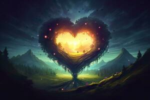 Colorful fantasy heart, light beam, green forest field. Generative AI photo