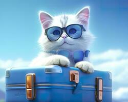 Cute cat on blue suitcase with sunglasses. AI Generative photo