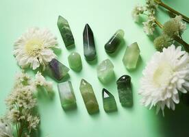 Crystal towers minerals set and white flowers on green abstract background. Generative AI photo
