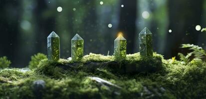 Crystals with moon phases image of moss in a mysterious forest, natural background. Generative AI photo