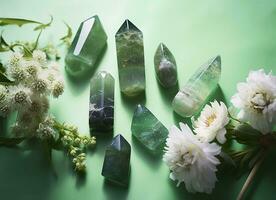 Crystal towers minerals set and white flowers on green abstract background. Generative AI photo