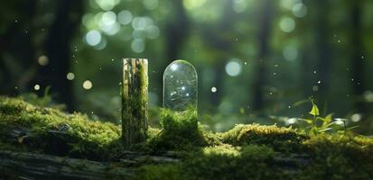 Crystals with moon phases image of moss in a mysterious forest, natural background. Generative AI photo