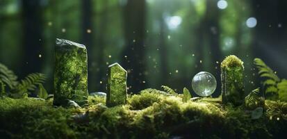 Crystals with moon phases image of moss in a mysterious forest, natural background. Generative AI photo