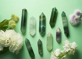 Crystal towers minerals set and white flowers on green abstract background. Generative AI photo