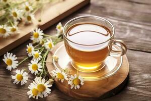 Cup of hot chamomile tea on light wooden background. Generative AI photo